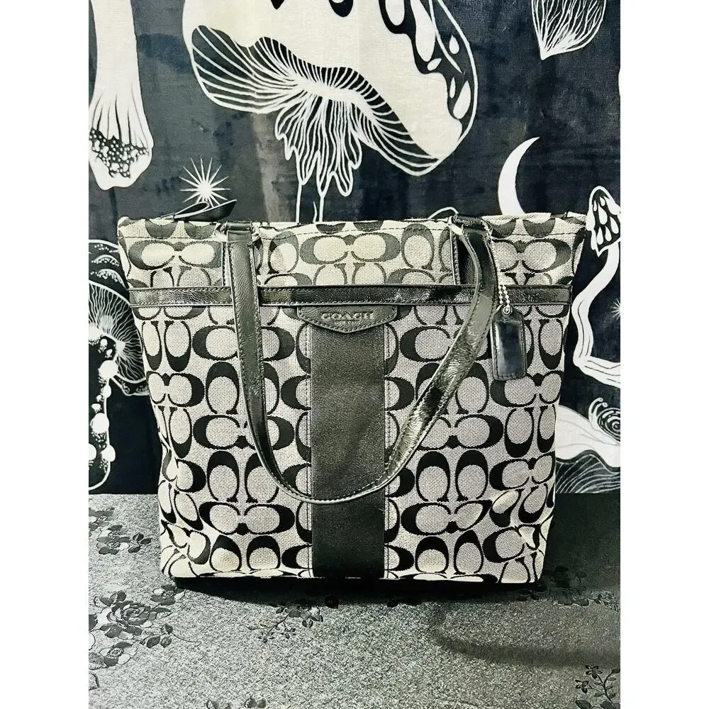 Coach F28504 Signature Stripe 12CM Tote Black White Logo Canvas Patent Trim